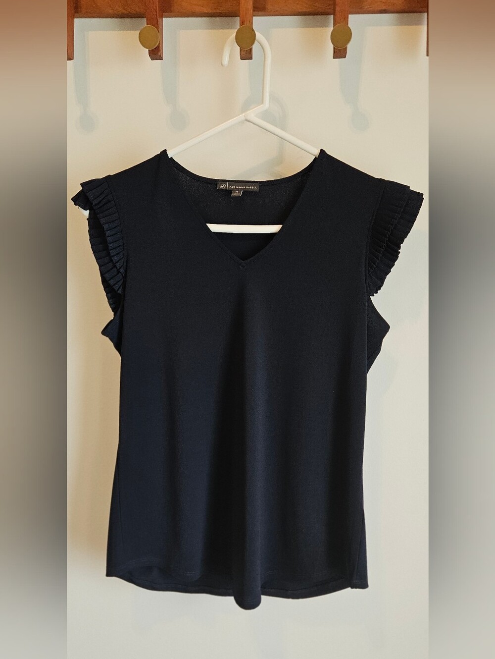 Adrianna Papell V-Neck Pleated Sleeve Navy Blouse Top Women’s Size XS